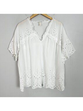 H&M White Eyelet Boho Swing Top Flowy Lightweight Beach Boho Size 10 Women's